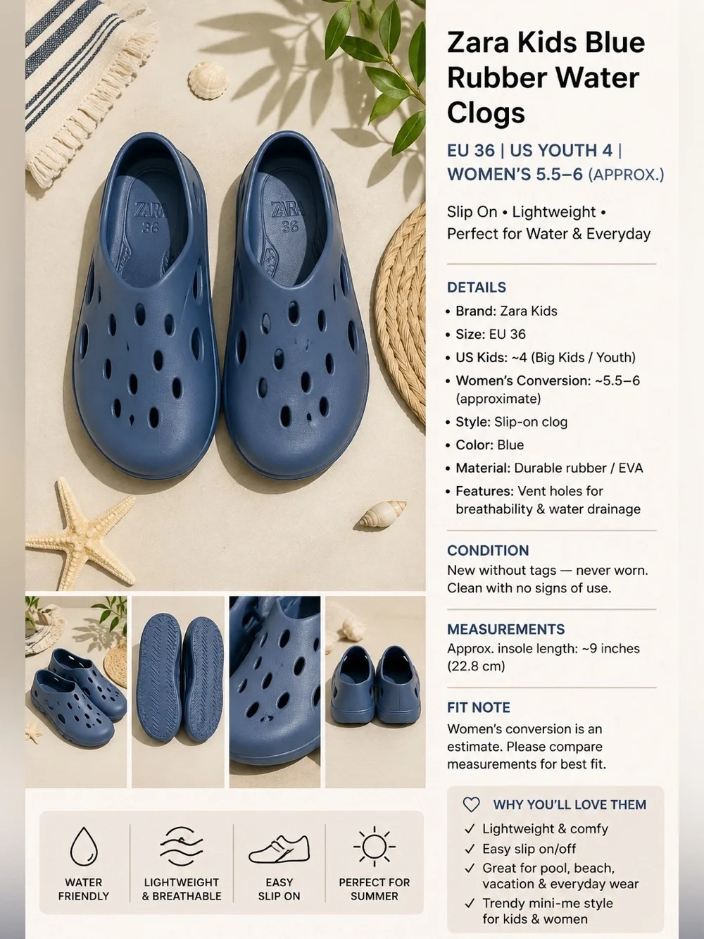Zara Kids Blue Rubberized Clogs EU 36 Youth 4 Slip On Pool Water Shoes NWOT